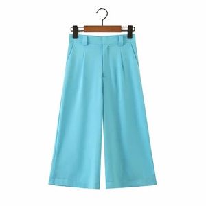 Casual women loose knee length long straight pants, high waist zipper trousers